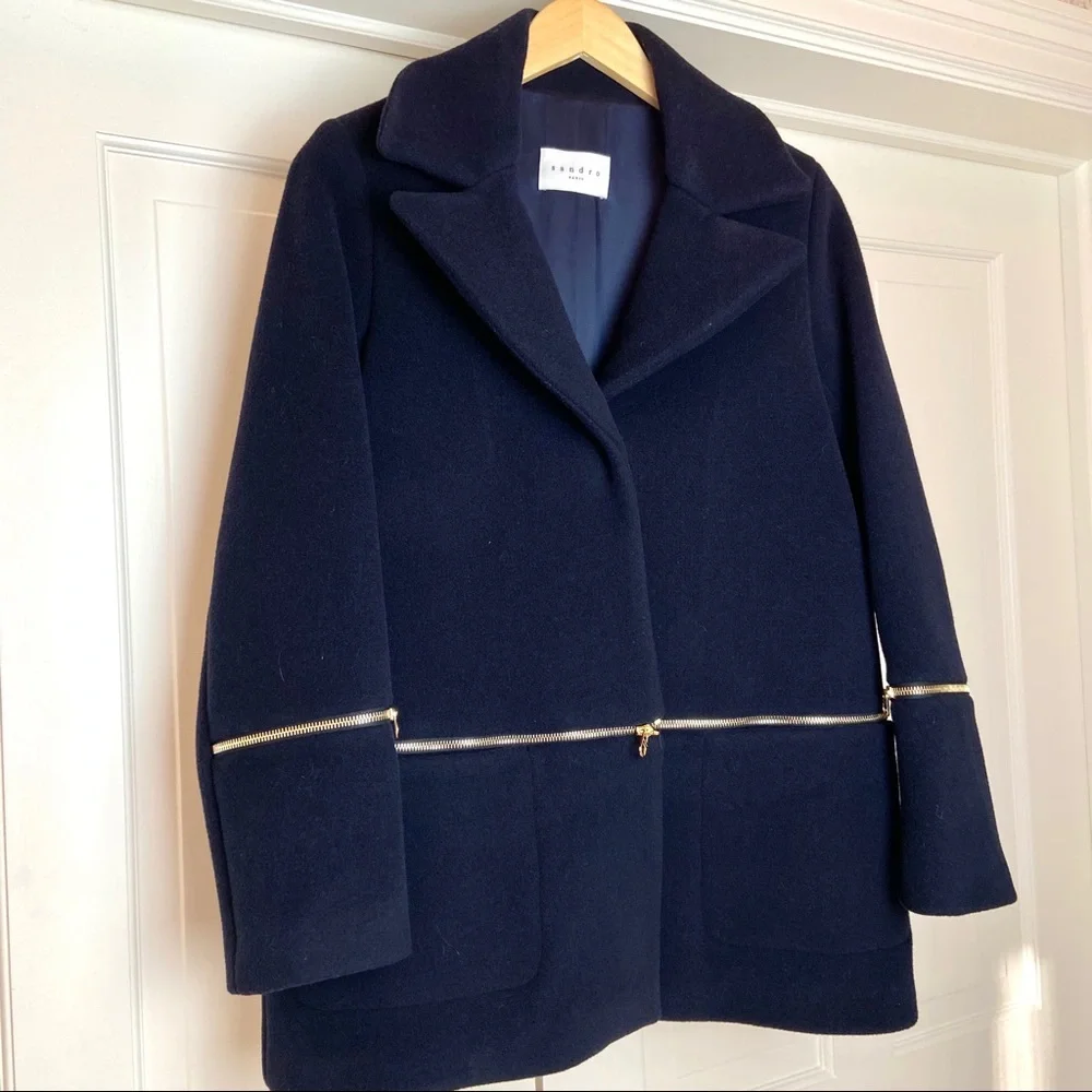 Sandro navy blue wool blend coat with zipper M